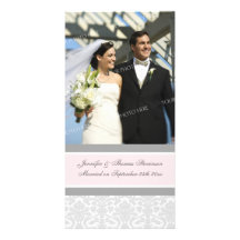 Wedding Announcement Photo Card Pink Grey Damask