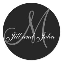 Wedding Custom Monogram & Names Black & Grey Seal Round Sticker