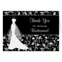 Wedding dress, damask on black Thank you Card