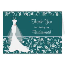 Wedding dress, damask on teal Thank you Card