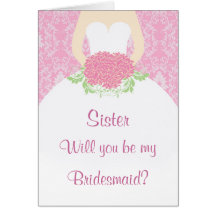 Wedding dress, flowers, pink damask Bridesmaid Greeting Card