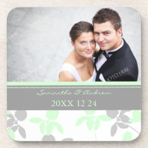 Wedding Favour Mint Grey Floral Photo Coasters