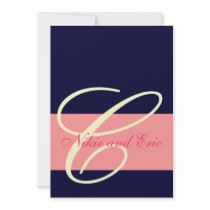 Wedding Invitation Monogram Names Pink, Ivory Navy