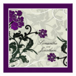 Wedding Invitation Purple Green Floral Leafy Swirl