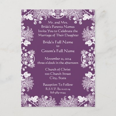 Vintage Postcard Wedding Invitations on Wedding Invitation White On Purple Vintage Flowers Postcard   Zazzle