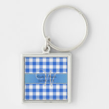 Wedding monogram blue gingham checkers key chain