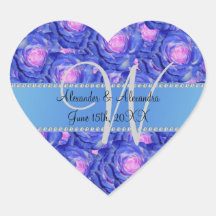 Wedding monogram blue roses stickers