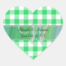 Wedding monogram green gingham checkers heart stickers