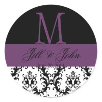 Wedding Monogram Names Date Damask Black Purple Stickers
