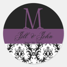 Wedding Monogram Names Date Damask Black Purple Stickers