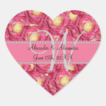 Wedding monogram pink roses stickers