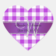 Wedding monogram purple gingham checkers heart sticker