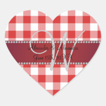 Wedding monogram red gingham checkers sticker