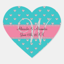 Wedding monogram turquoise diamonds hearts heart sticker