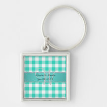 Wedding monogram turquoise gingham checkers key chains