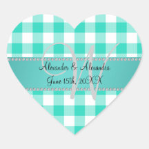 Wedding monogram turquoise gingham checkers stickers