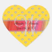Wedding monogram yellow diamonds hearts stickers