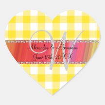 Wedding monogram yellow gingham checkers heart stickers