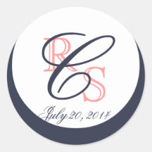 Wedding Monograms Round Stickers Coral Navy Blue