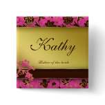 Wedding Name Tag Button Gold Floral Pink Brown 2