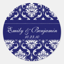 Wedding Names Date Damask Navy Large Stickers