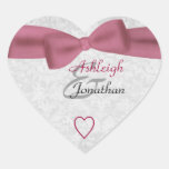 Wedding Pink Bow Grey Damask Heart Stickers