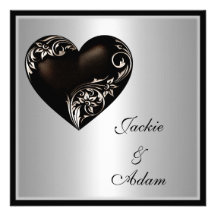 Wedding Silver Floral Black Heart Modern Personalized Announcements