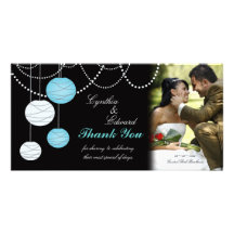 Wedding Thank You Aqua Blue Lanterns Photo Card