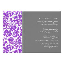 Wedding Thank You Cards Purple Gray Damask