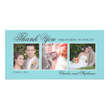 Wedding Thank You in Blue Three Photo Card