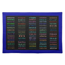 Welcome in 80 Languages Black Placemat Blue Border