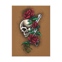 Western Skull with Red Roses and Revolver Pistol Stretched Canvas Prints