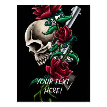 Western Skull with Red Roses and Revolver Pistol Post Card