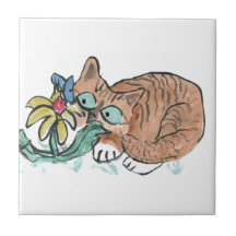 What's this? Tiger Kitten, butterfly on flower Tile