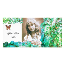 WHIMSICAL FLOURISHES  bright blue white green Customized Photo Card