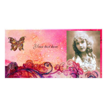 WHIMSICAL FLOURISHES bright red ,pink purple Personalized Photo Card
