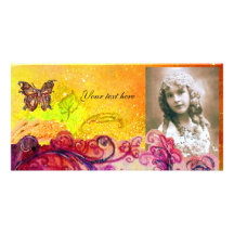 WHIMSICAL FLOURISHES bright red ,pink yellow Personalized Photo Card