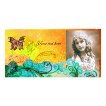 WHIMSICAL FLOURISHES bright yellow,blue green,red Personalised Photo Card