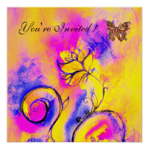 WHIMSICAL FLOWERS & BUTTERFLIES pink blue yellow Invite