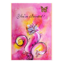 WHIMSICAL FLOWERS & BUTTERFLIES pink yellow Personalised Invite