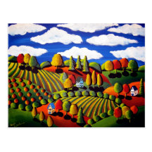 Whimsical Folk Art Fall Landscape Post Card