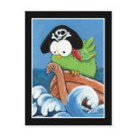Whimsical Pirate Bird in a Wooden Boat Postcard