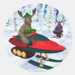Whimsical Reindeer on Snowmobiles Round Sticker