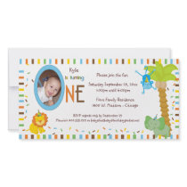 Whimsical Stripes And Animals First Birthday Personalised Photo Card