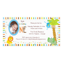 Whimsical Stripes And Animals First Birthday Personalised Photo Card