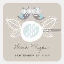 Whimsical Wedding Cute Owls On Branch Blue Sticker