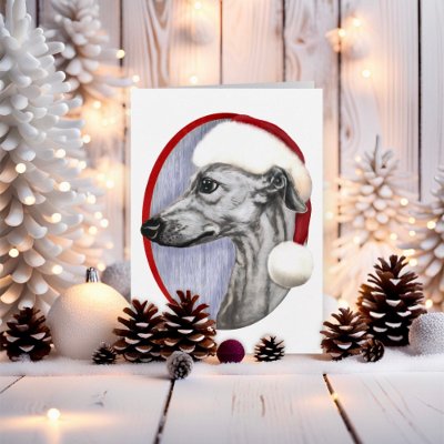 Whippet Christmas Black Santa Card