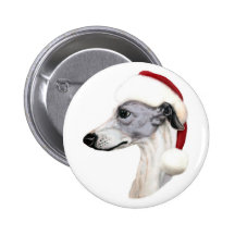 Whippet Christmas Blue & White Santa Button