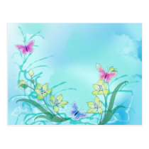 Whispy blue with flowers and butterflies postcards