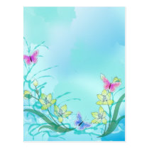 Whispy blue with flowers and butterflies postcards